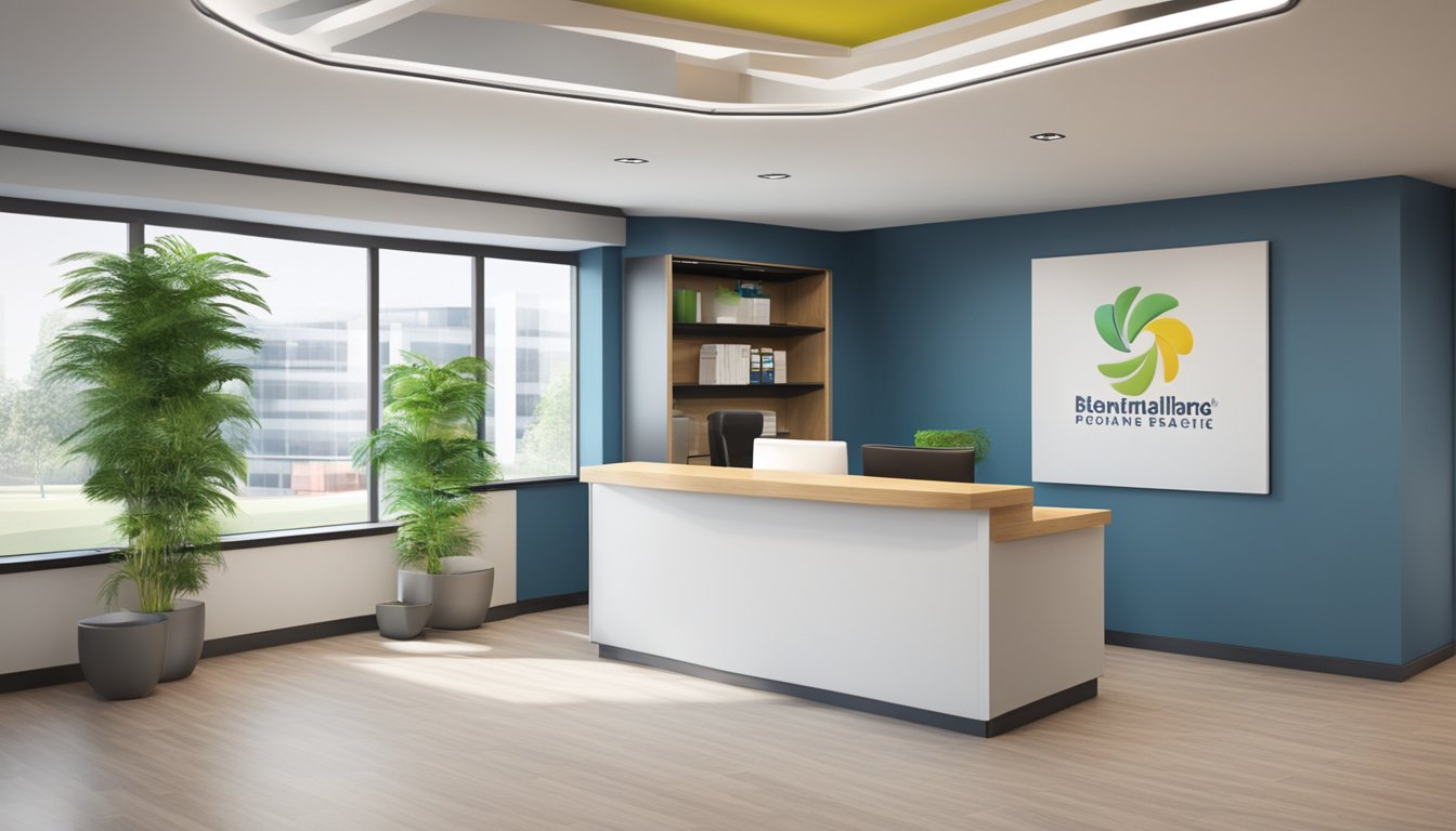 A bright, modern office space with a welcoming reception area and professional staff. A logo and slogan prominently displayed