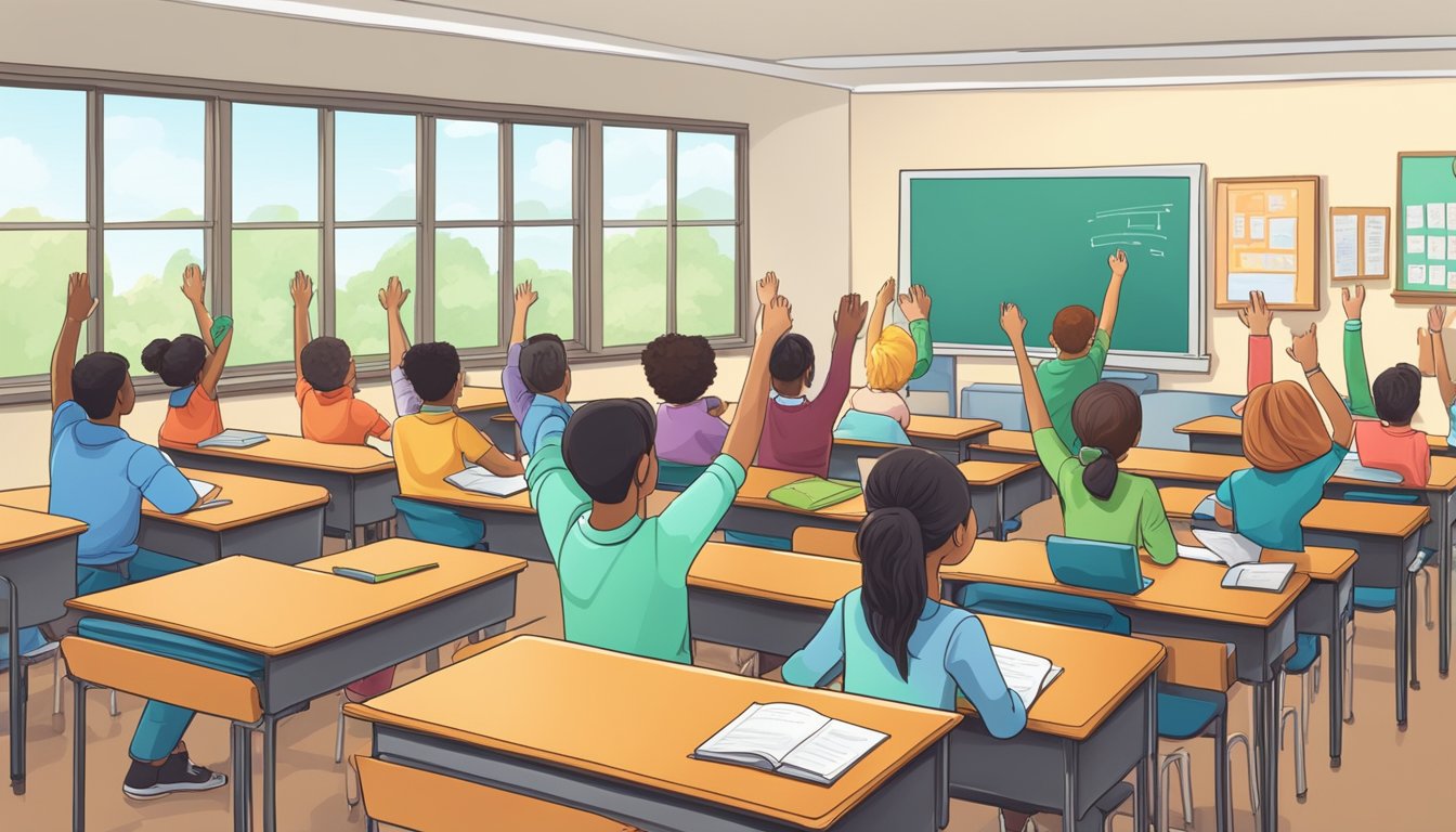 A classroom with desks, a whiteboard, and students raising their hands