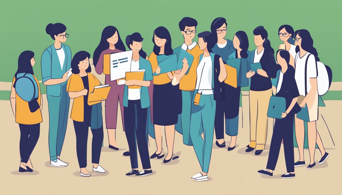 A group of people gathered around a sign that reads "Frequently Asked Questions" with the logo of a trusted tuition agency in Singapore