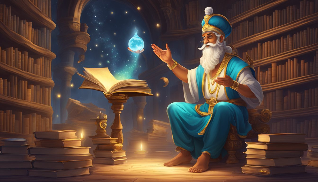 A magical genie teaching a group of floating books and scrolls in a mystical library