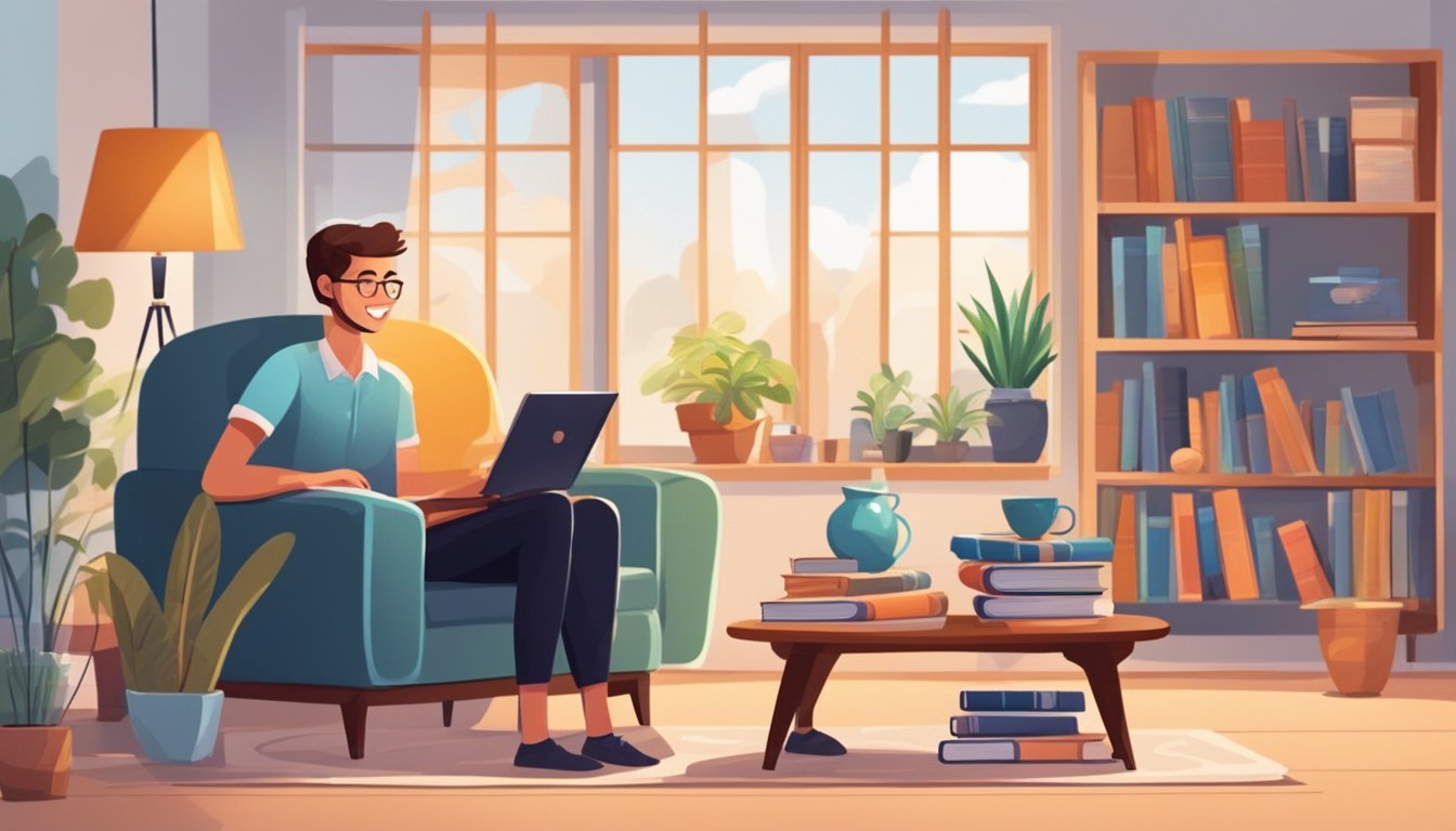 A cozy living room with a smiling tutor and a happy student, surrounded by books and educational materials. A warm and inviting atmosphere with a touch of professionalism