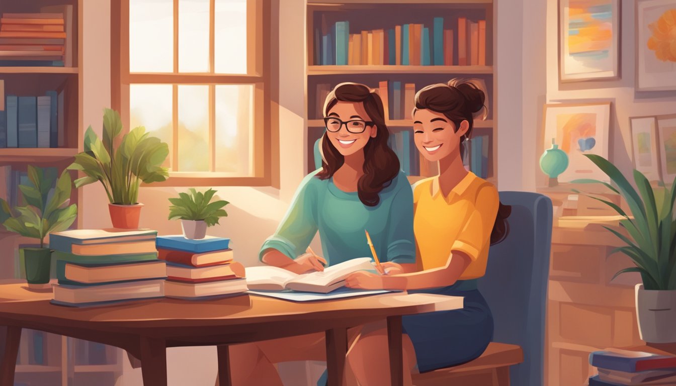 A bright, welcoming home with a cozy study area, books, and educational materials. A smiling tutor and a happy student engaged in learning together