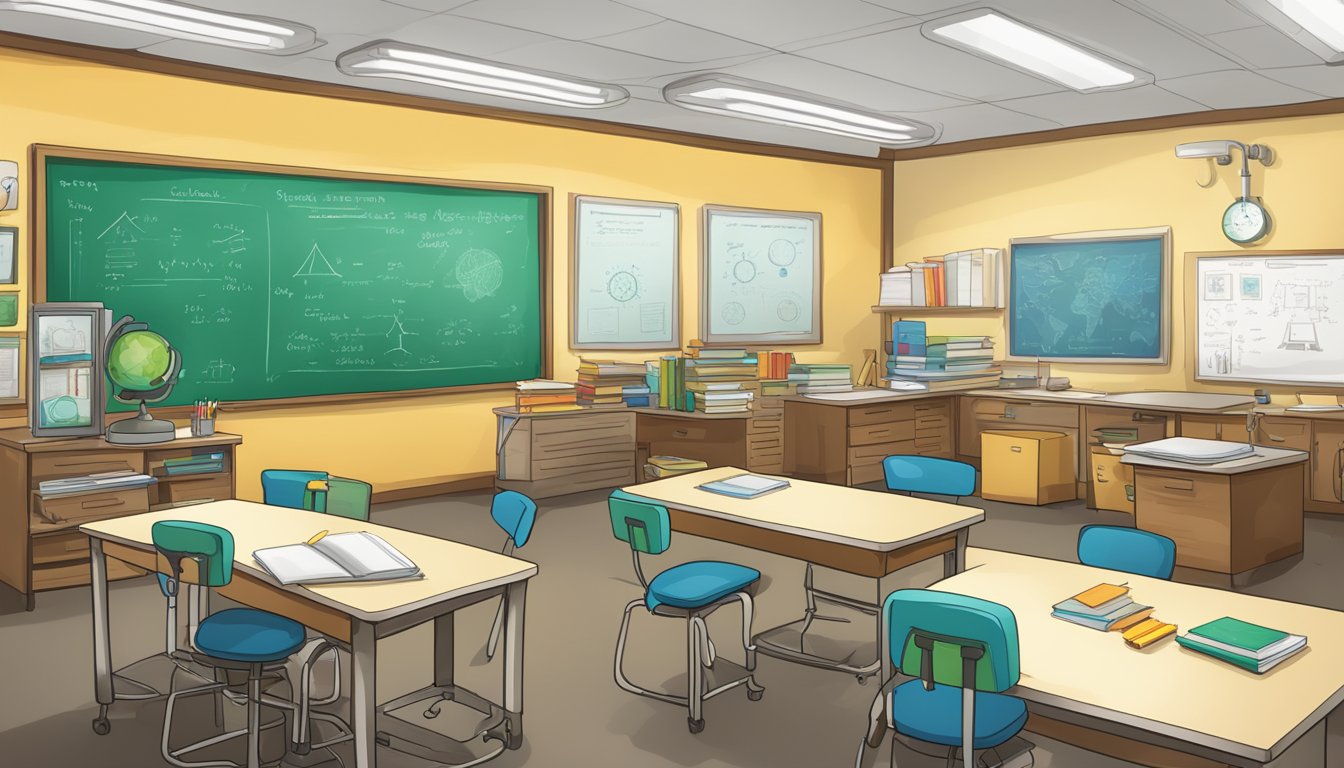 A classroom with biology textbooks and diagrams on the walls, a whiteboard with scientific equations, and a microscope on the teacher