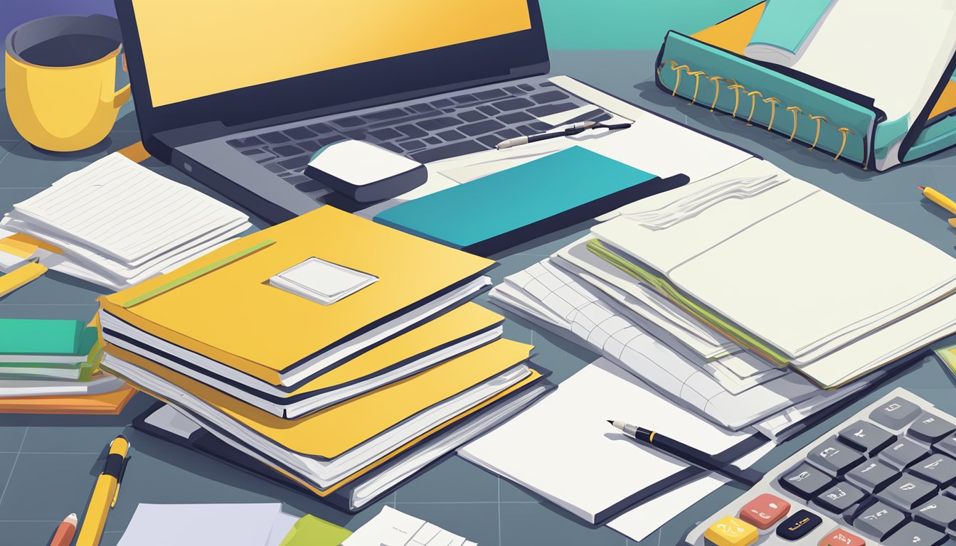 A stack of FAQ papers on VCU tuition, surrounded by a laptop, calculator, and textbooks