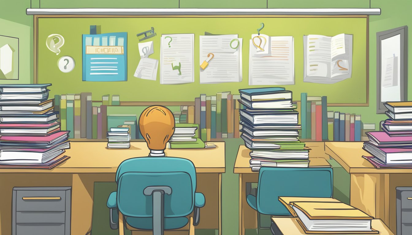 A stack of biology textbooks surrounded by question marks and a teacher