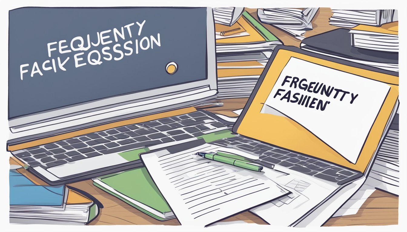 A stack of papers with "Frequently Asked Questions" printed on top, surrounded by a laptop, pen, and notebook