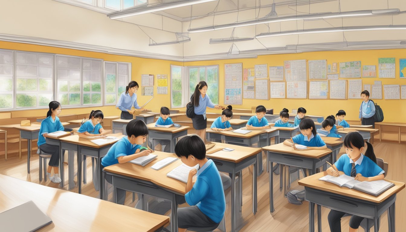 The Wang Tuition Center bustles with students and teachers, as the sound of pencils scratching on paper fills the air. Textbooks and whiteboards line the walls, creating a focused and studious atmosphere