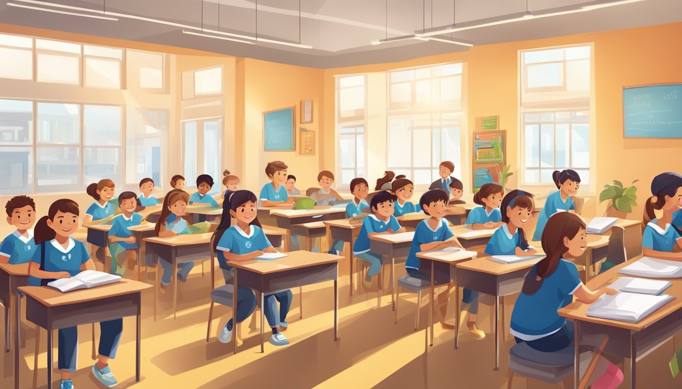 A bustling tuition center with bright classrooms and students engaged in learning