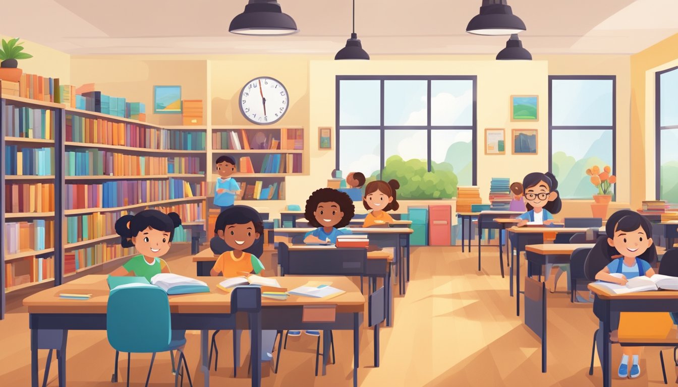 A bright and welcoming tuition center filled with books, desks, and educational materials. Students and teachers engage in learning and support