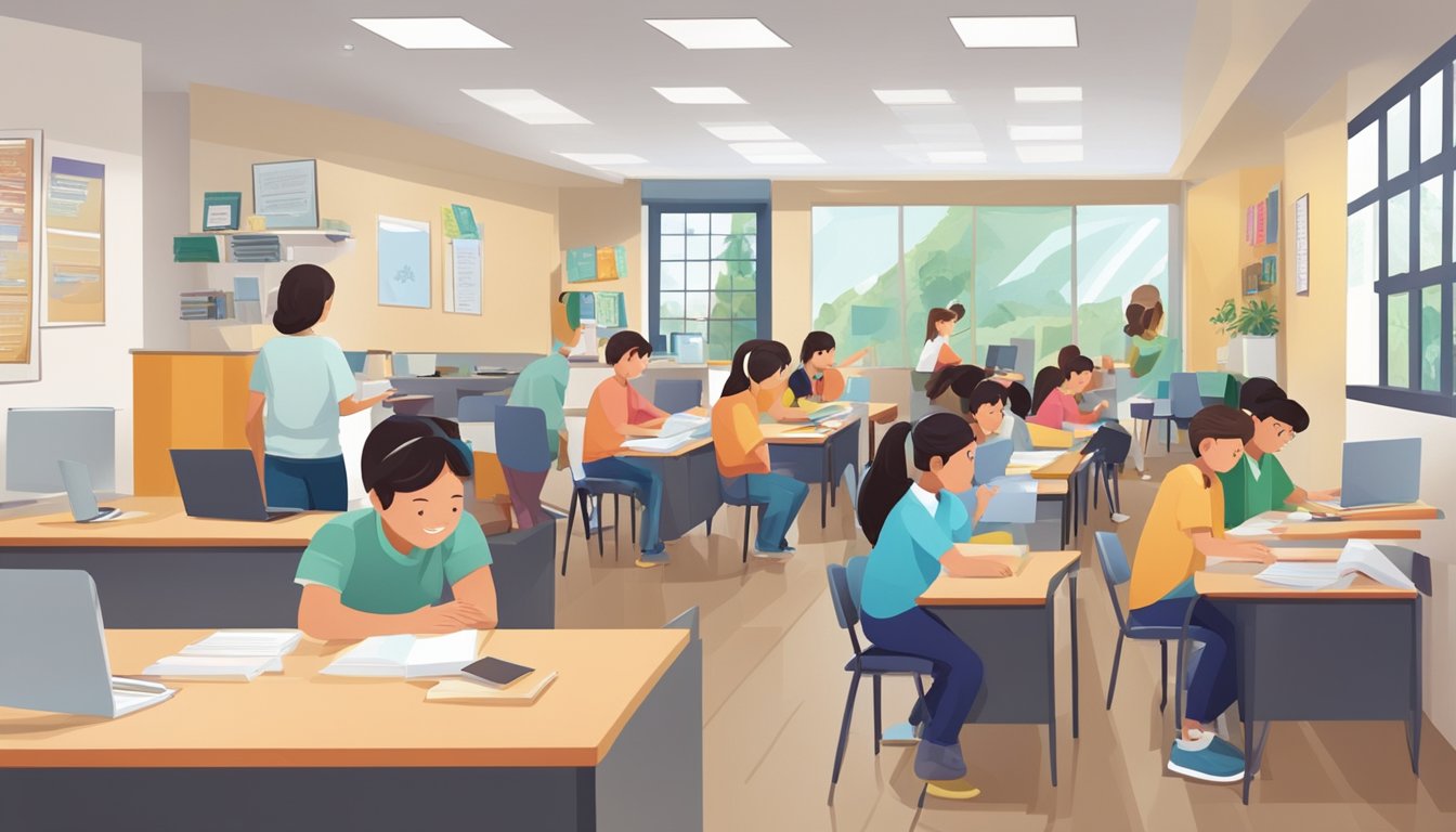 A bustling tuition center with students and parents asking questions at the front desk. Posters and flyers line the walls, and tutors work with students at tables