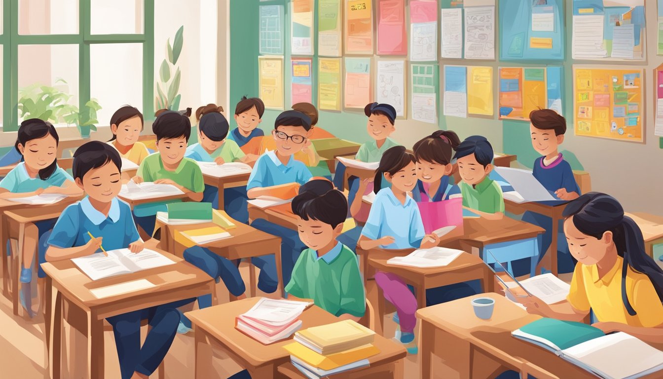 Students study in a bright, organized classroom at Insight Tuition Centre, with colorful posters and educational materials on the walls