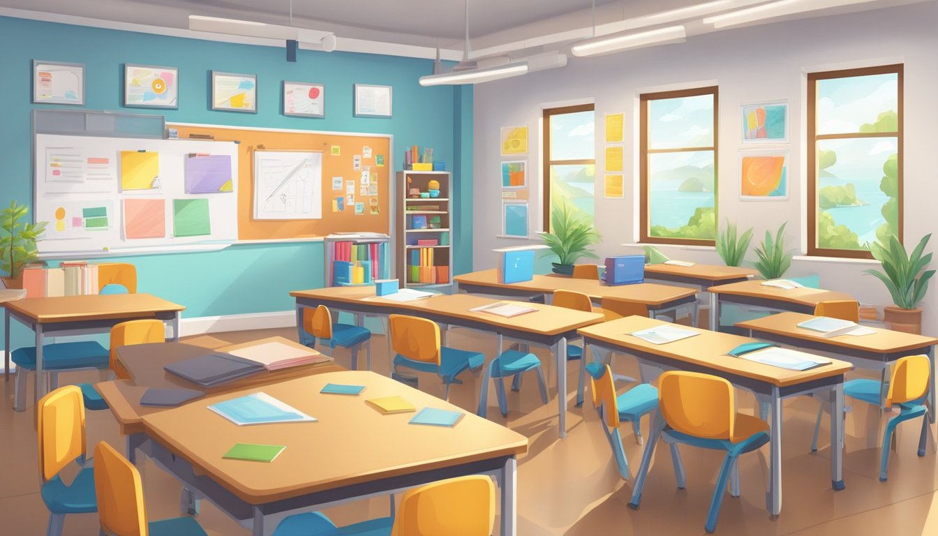A bright, modern classroom with desks and whiteboards. Posters and charts adorn the walls, showcasing diverse subjects. A welcoming and organized space for learning