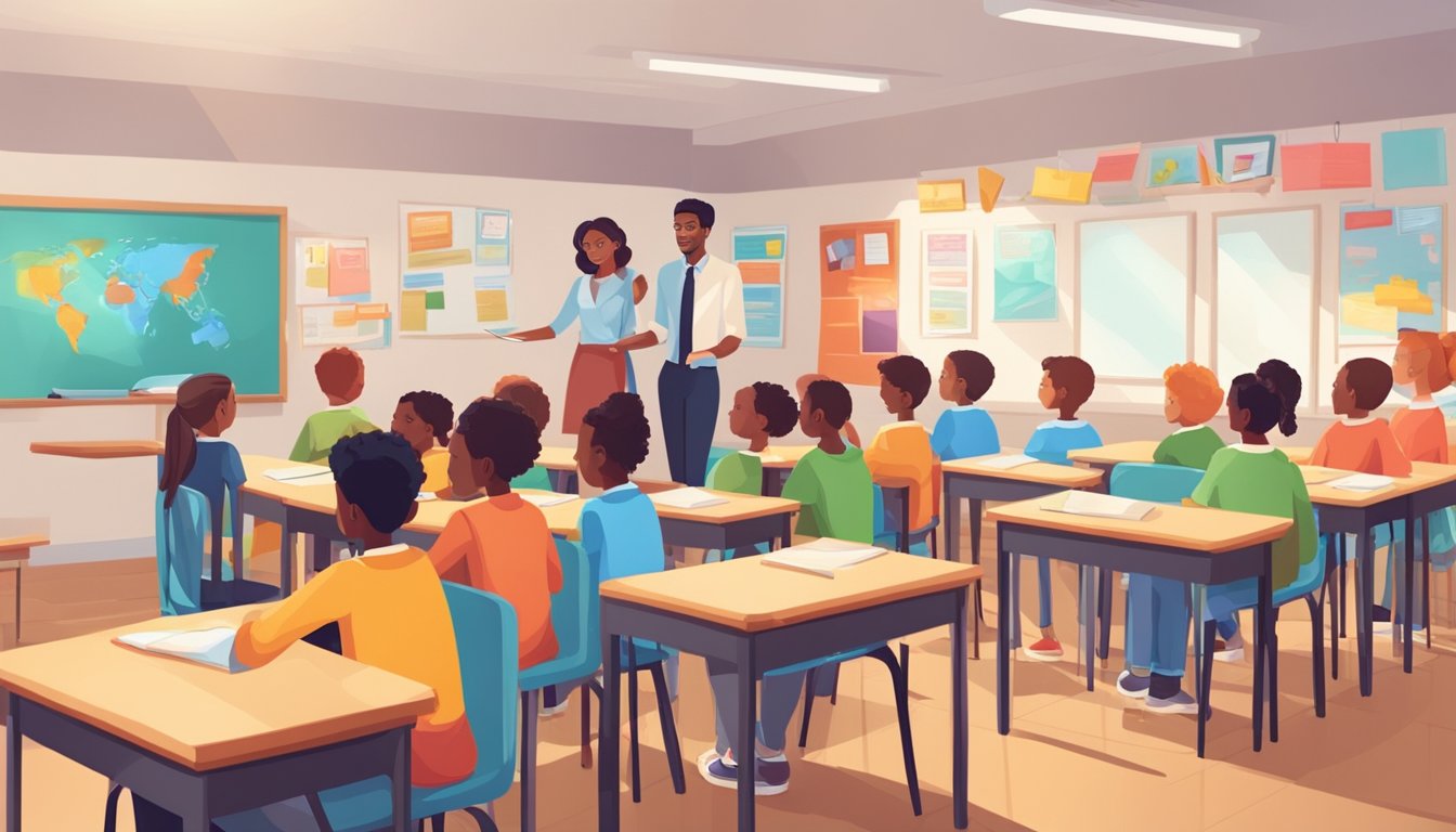 A bright, modern classroom with colorful posters and educational materials. A teacher stands at the front, engaging with a group of attentive students