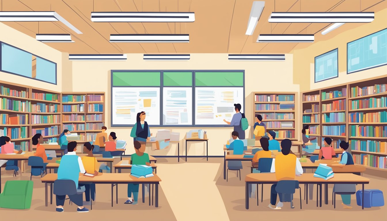 A bustling tuition centre with students and teachers engaged in learning and discussion. Shelves of books and educational materials line the walls, while a whiteboard displays important information