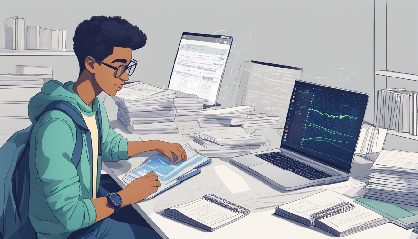 A student sits at a desk, typing on a laptop with coding books and notes scattered around. A tutor stands nearby, explaining programming concepts