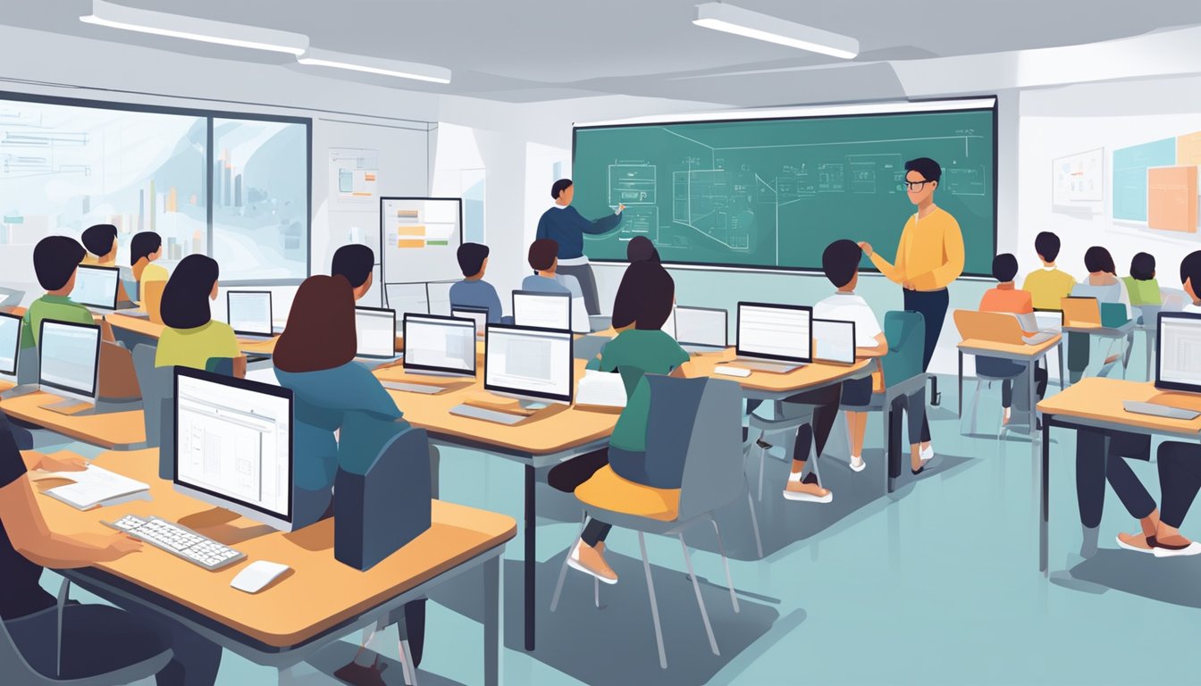 A bright classroom with computers and whiteboards, filled with engaged students and a passionate instructor teaching programming in Singapore