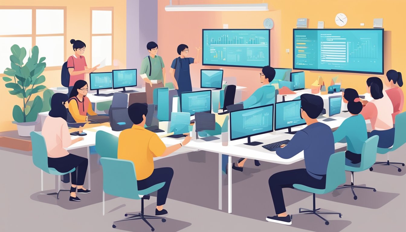 A group of professionals engage in specialized programming modules at a Singapore tuition center, advancing their careers