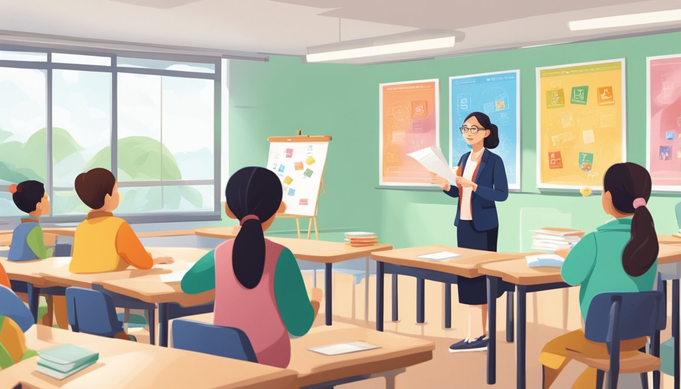 A teacher instructs a small group in a bright, airy classroom, adorned with colorful posters and Mandarin characters