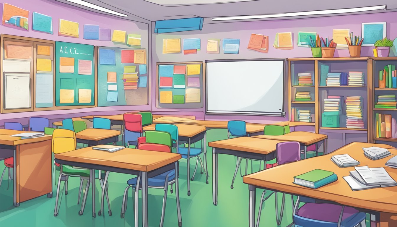 A colorful classroom with Mandarin textbooks, flashcards, and a whiteboard displaying comprehensive curriculum topics