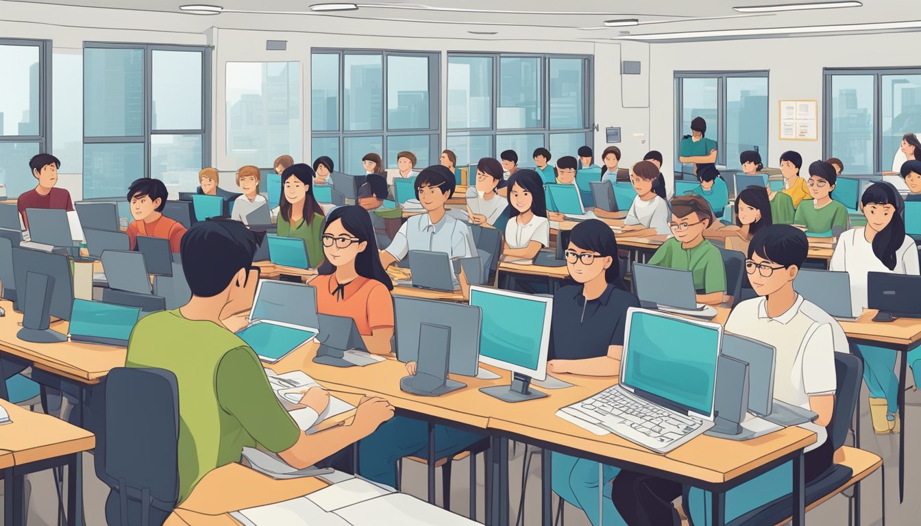 A group of students sit in a classroom, surrounded by computers and programming books. A teacher stands at the front, answering questions about programming tuition in Singapore