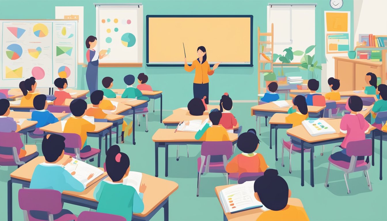 A classroom filled with colorful learning materials and a whiteboard displaying Mandarin characters. Students are actively engaged in interactive activities, with the teacher facilitating the learning experience