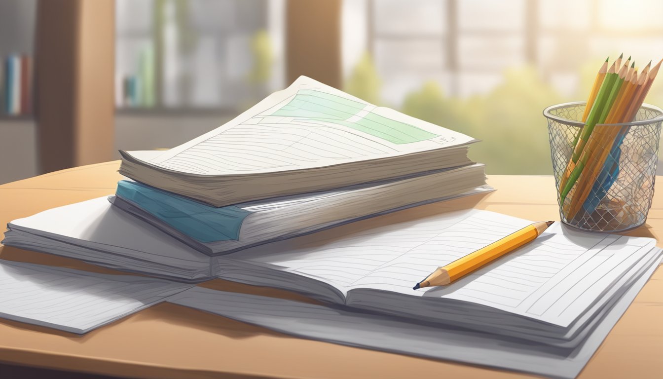 A stack of FAQ sheets on Mandarin tuition, with a pencil and notebook beside it