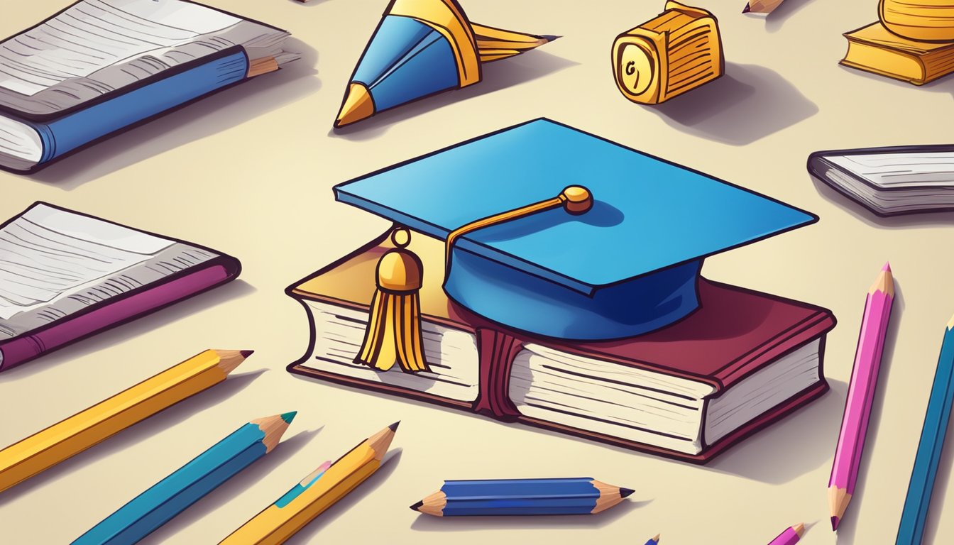A stack of books with a graduation cap on top, surrounded by scattered pencils and an open calculator