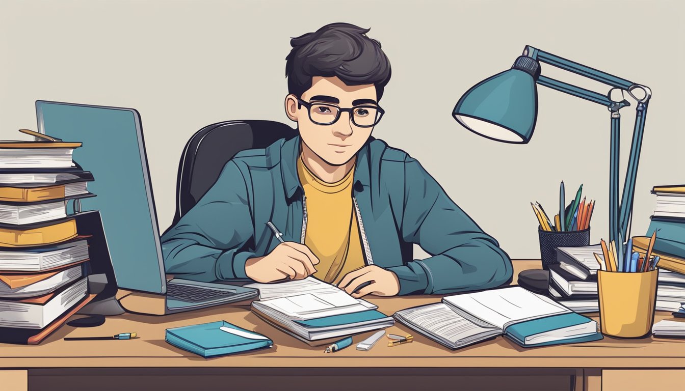 A student sits at a desk with books and papers, surrounded by a laptop and study materials, with a focused expression