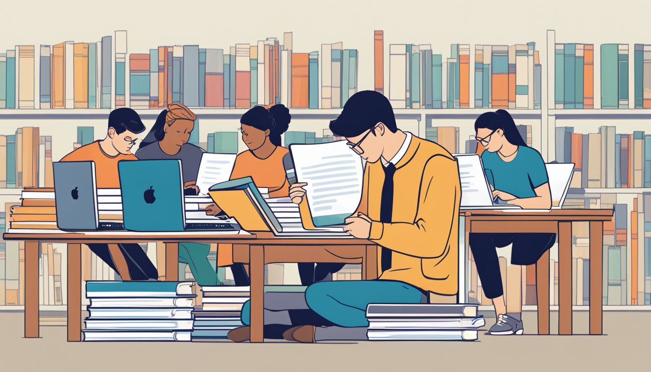 Students studying with books and laptops, while a graph shows tuition costs and academic performance