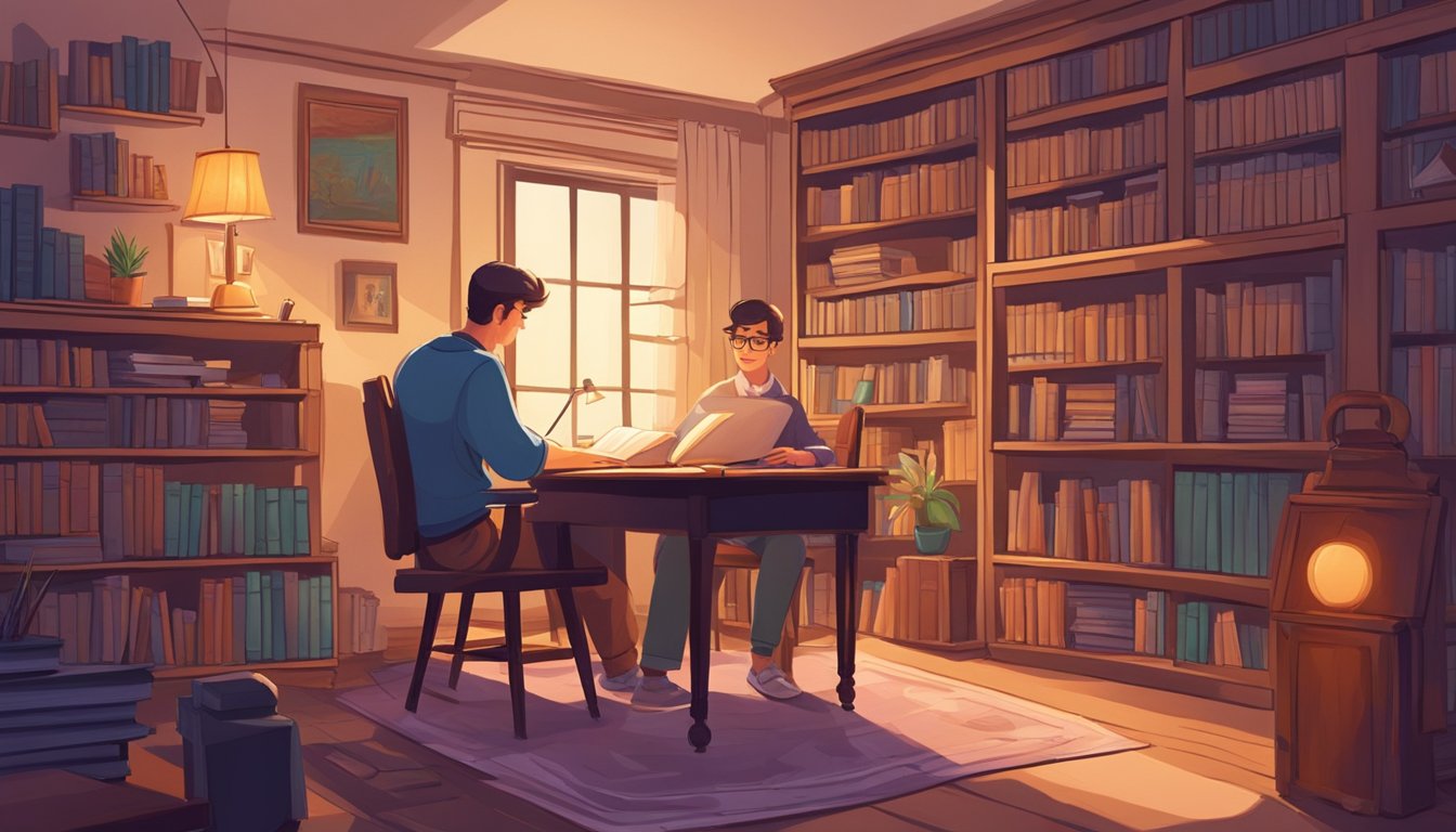 Literature Tuition: Boost Your Grades with Expert Help A cozy study room with books, a desk, and a lamp. A student sits, engrossed in a book, while a tutor explains a literary concept
