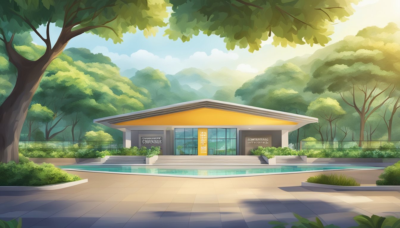 A bright, modern tuition centre with a large sign reading "Comprehensive Tuition Programmes" in bold letters. The centre is surrounded by lush greenery and has a welcoming, inviting atmosphere