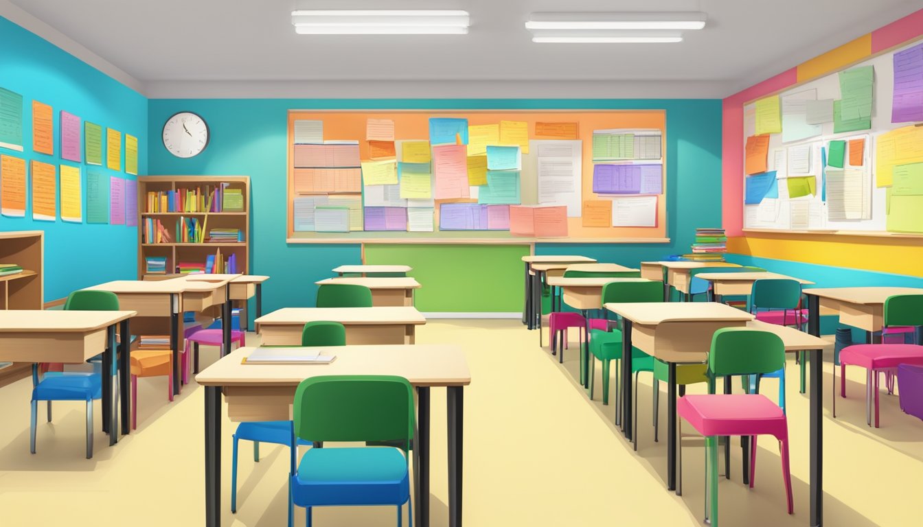 A colorful classroom with PMC Tuition Programmes displayed on the wall. Books, pens, and study materials are neatly arranged on the desks