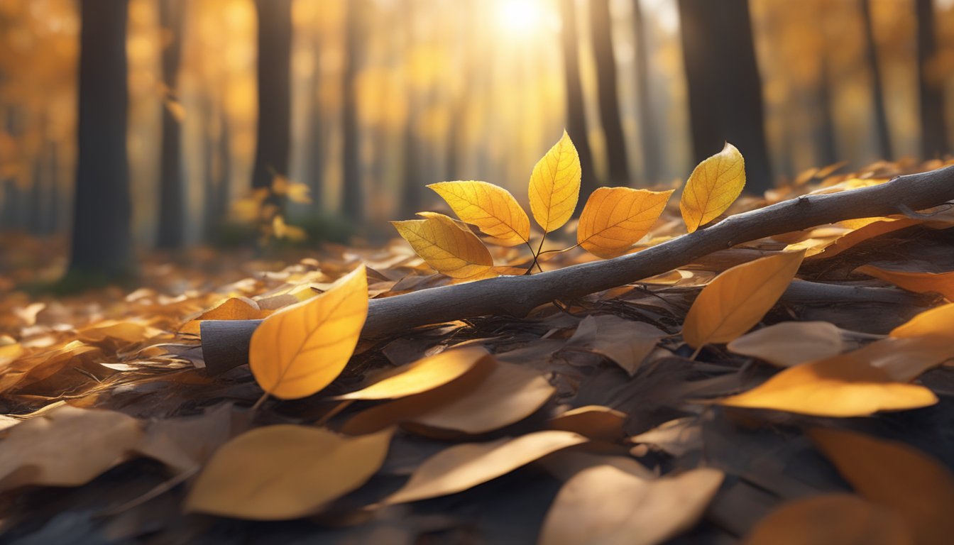 A small twig rests on a bed of fallen leaves, surrounded by sunlight filtering through the trees