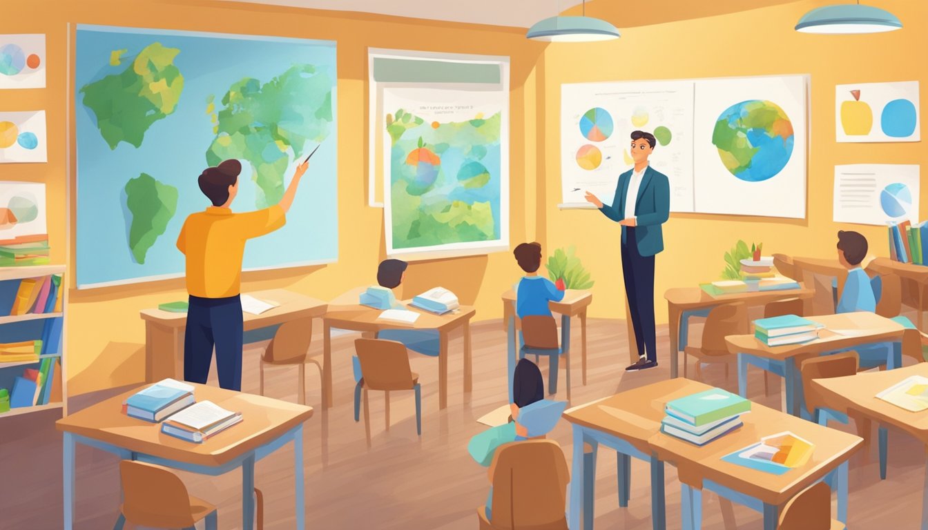 A bright classroom with colorful posters, books, and educational materials. A teacher stands at the front, pointing to a diagram of an apple falling from a tree