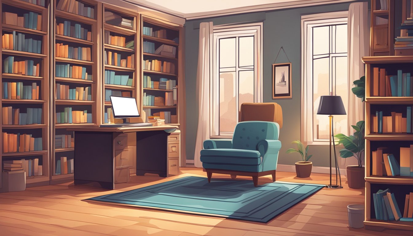 Literature Tuition: Boost Your Grades with Expert Help A cozy study space with shelves of books, a comfortable armchair, and a desk with a lamp and open notebook