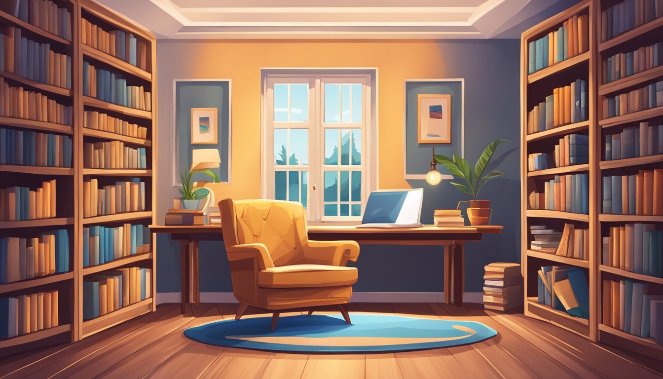 Literature Tuition: Boost Your Grades with Expert Help A cozy study space with bookshelves, a comfortable reading chair, and a warm lamp. A stack of books and a notebook on a desk