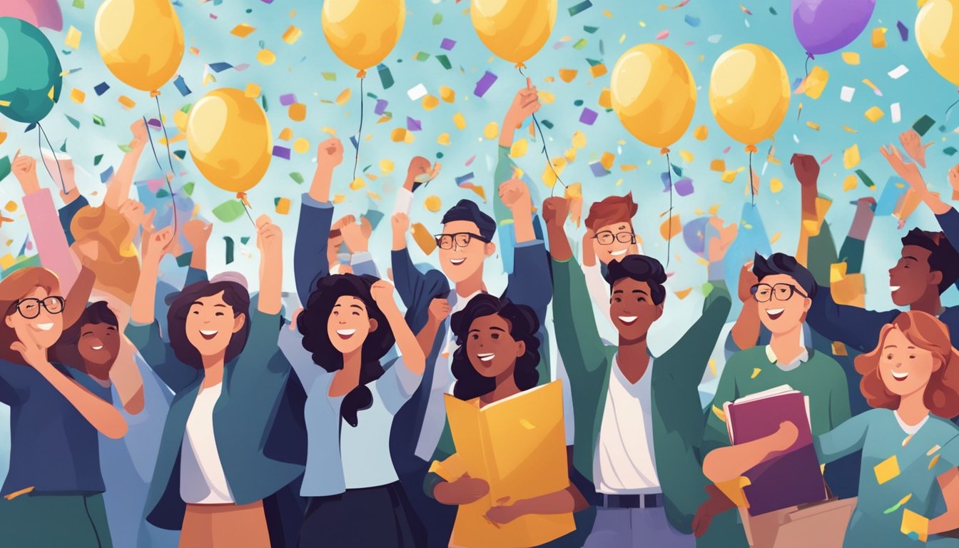 A group of students celebrating with confetti and balloons, symbolizing the conclusion of their studies and the impact of their education on their future tuition