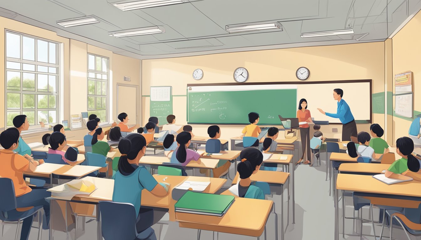 A bustling classroom in Cleveland Tuition Tampines, filled with engaged students and a dynamic teacher at the front of the room