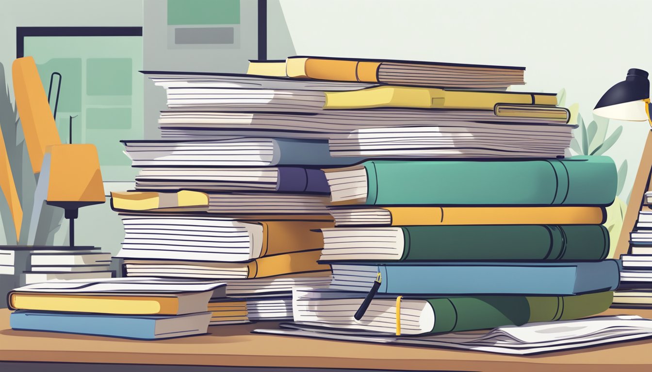 A stack of papers with "Frequently Asked Questions" printed on top, surrounded by books and a laptop, representing PMC tuition inquiries