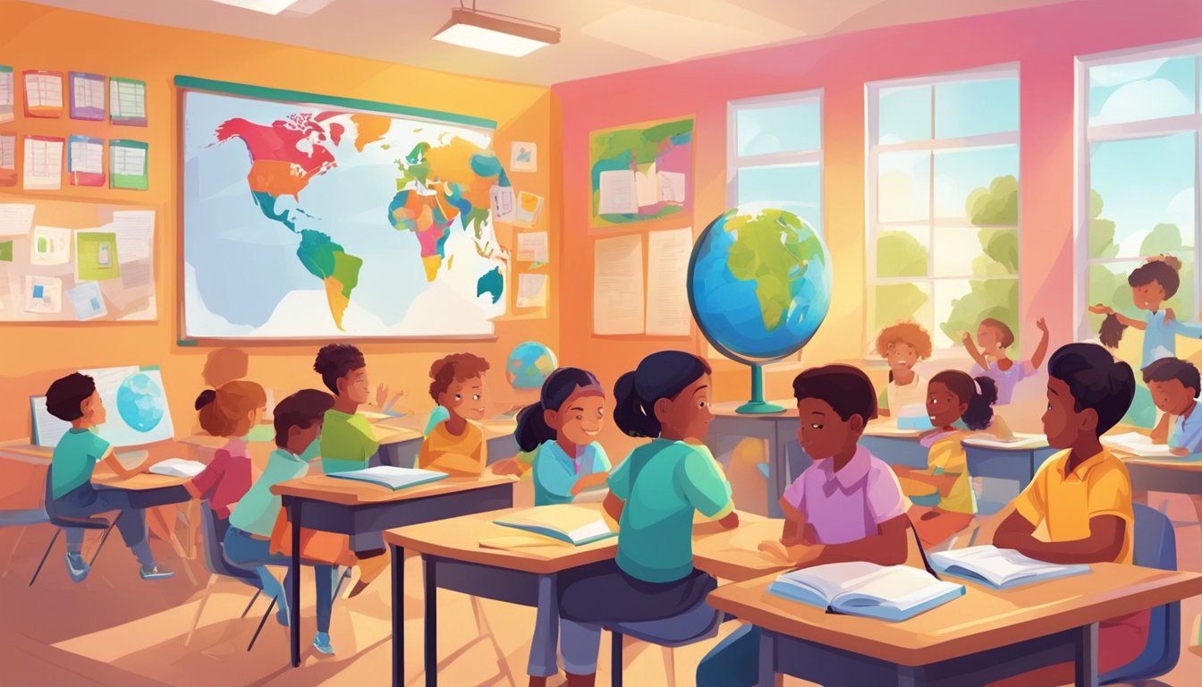 A colorful classroom with young students engaged in interactive learning activities, surrounded by educational posters and books