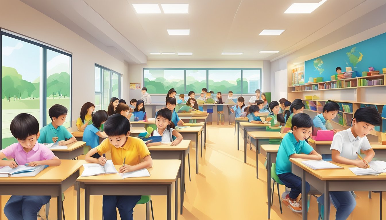 A bustling tuition center in Tampines, with students engaged in learning activities and tutors providing guidance. Brightly lit classrooms and colorful educational materials create a vibrant and stimulating environment
