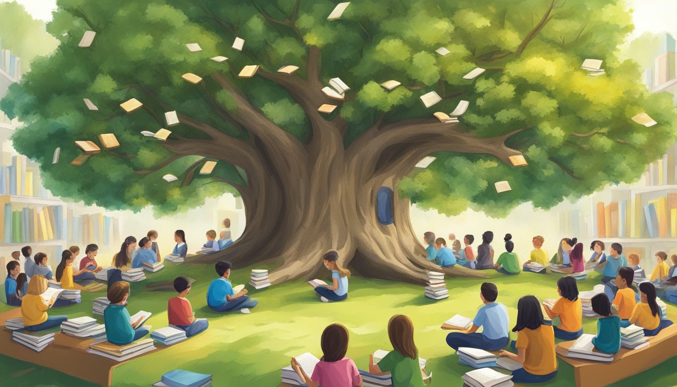 A tree with books for leaves, surrounded by eager students