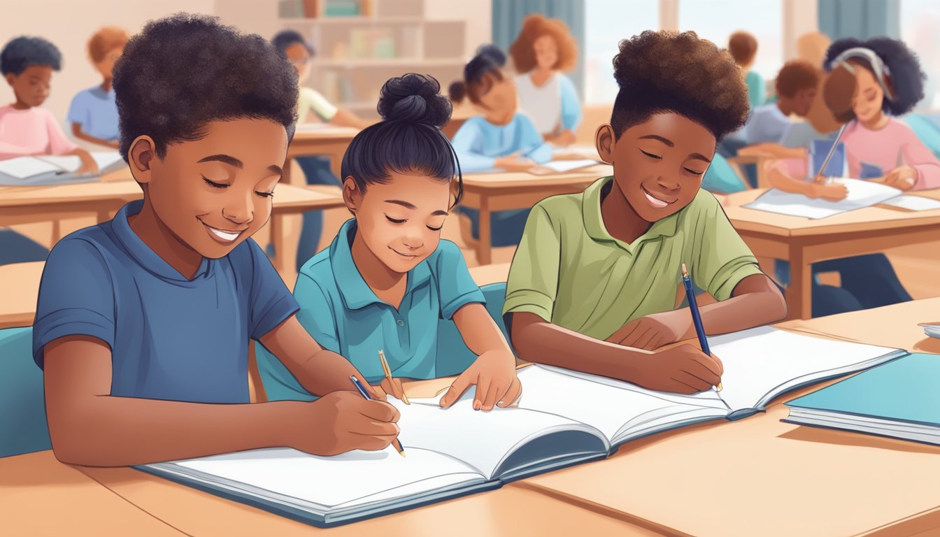 Students engaged in interactive learning, using visual aids and hands-on activities. A supportive tutor guides them through personalized lessons