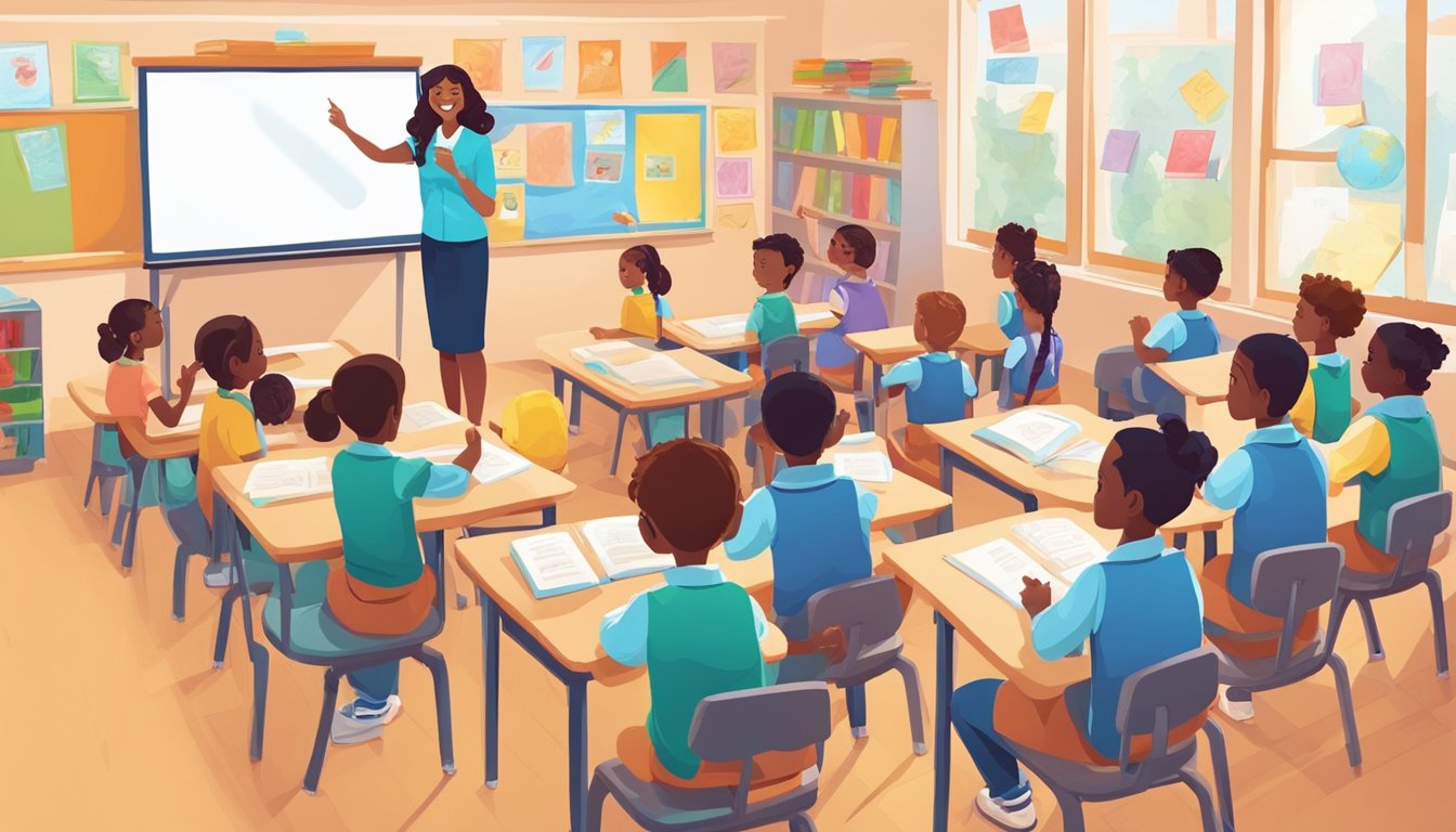 A colorful classroom with books, a whiteboard, and educational posters. A teacher stands in front of a group of young students, engaging them in interactive learning activities