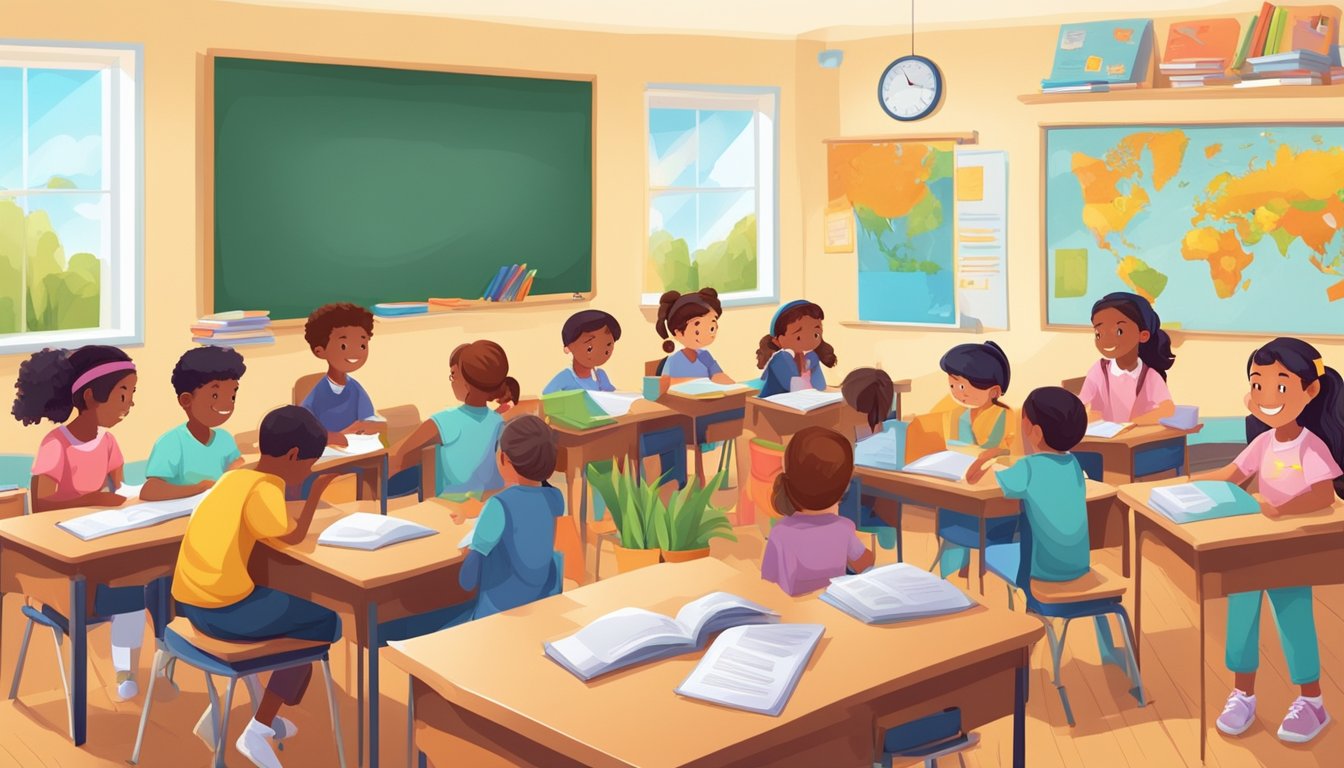 A colorful classroom with young students engaged in English activities, surrounded by supportive teaching materials and resources
