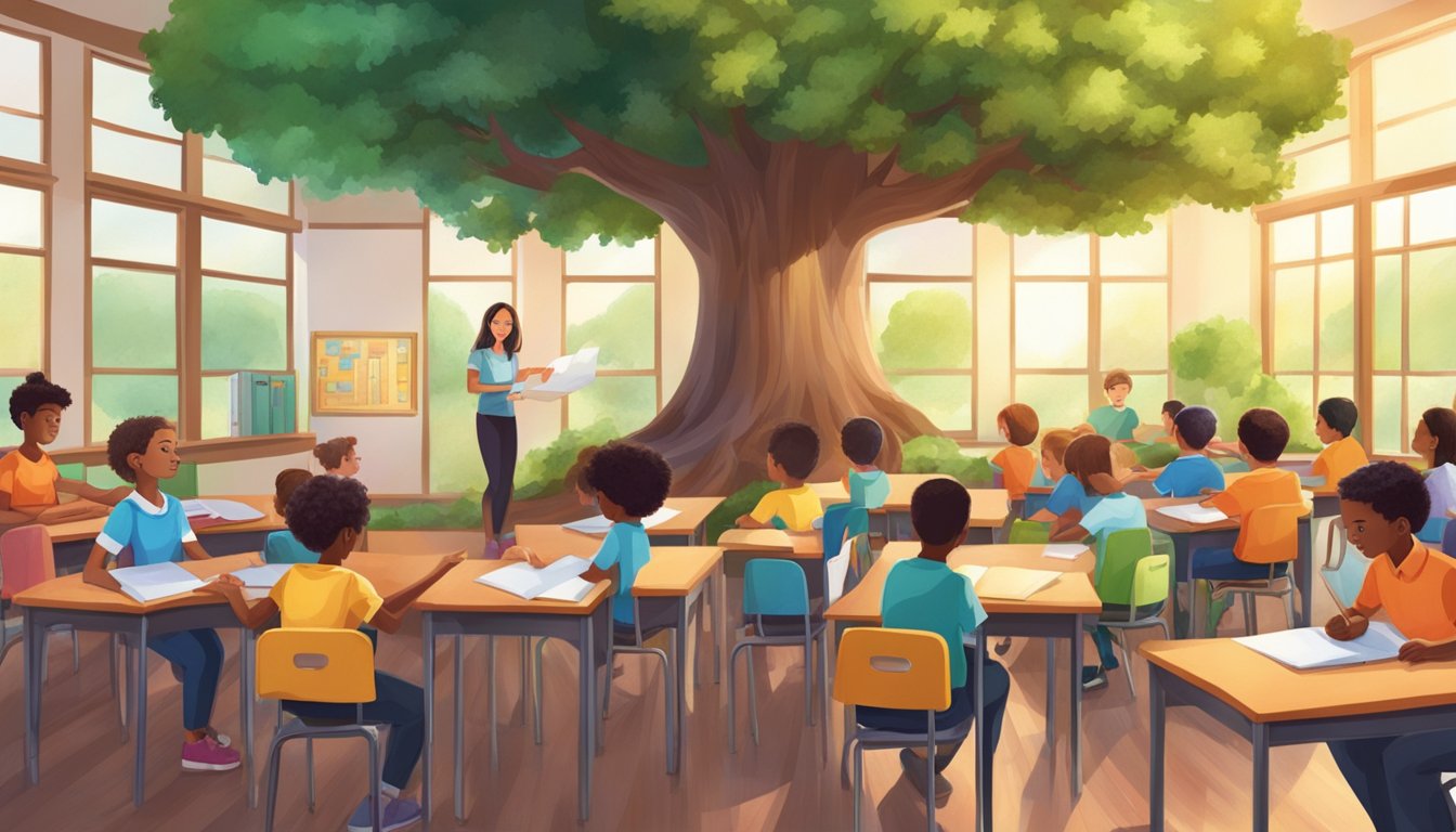 A vibrant classroom with a large tree in the center, surrounded by eager students and a teacher providing tuition