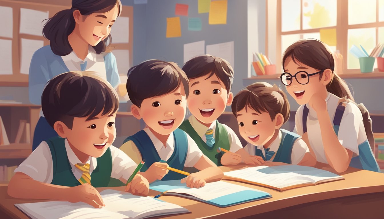 A group of primary 1 students eagerly engage in an English tuition session, surrounded by colorful learning materials and a dedicated teacher