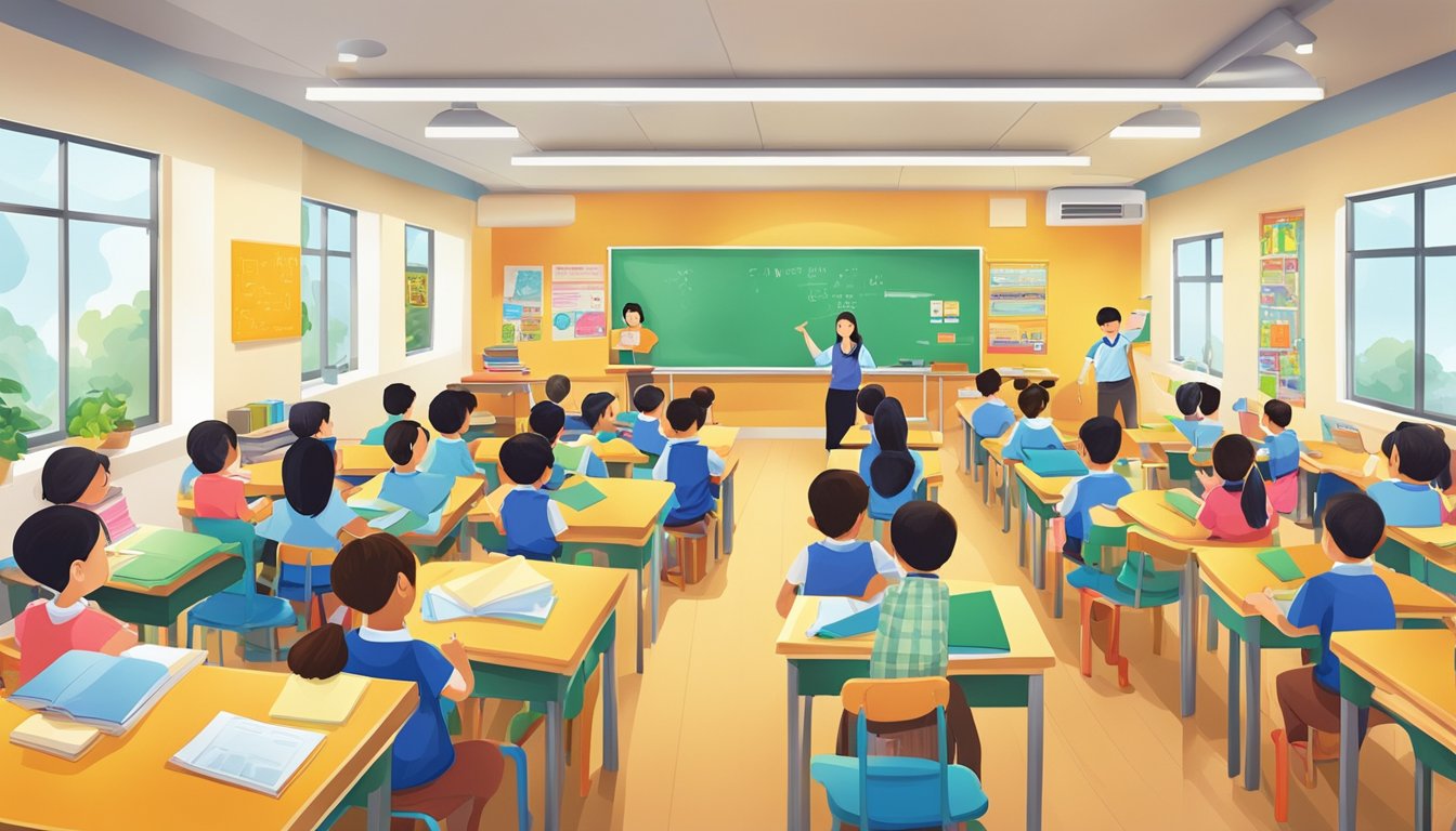 A bustling classroom at Cleveland Tuition Tampines, filled with engaged students and dedicated teachers, surrounded by colorful educational materials and a vibrant learning atmosphere