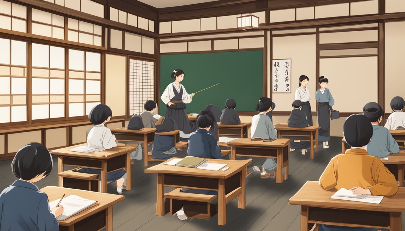 A traditional Japanese classroom with students sitting at low desks, practicing calligraphy and studying kanji characters. The teacher stands at the front, writing on a blackboard