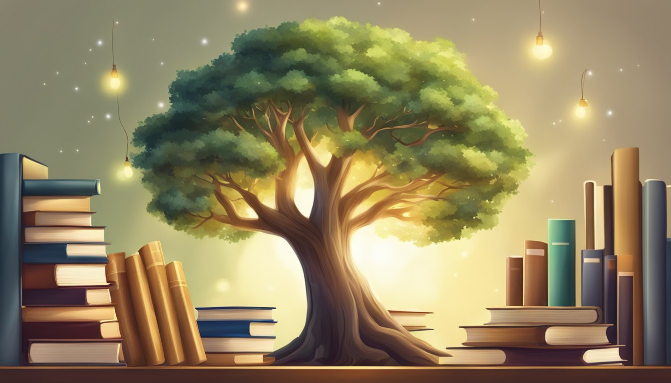 A tree with "Frequently Asked Questions" written on its trunk, surrounded by books and a shining light, symbolizing learning and tuition